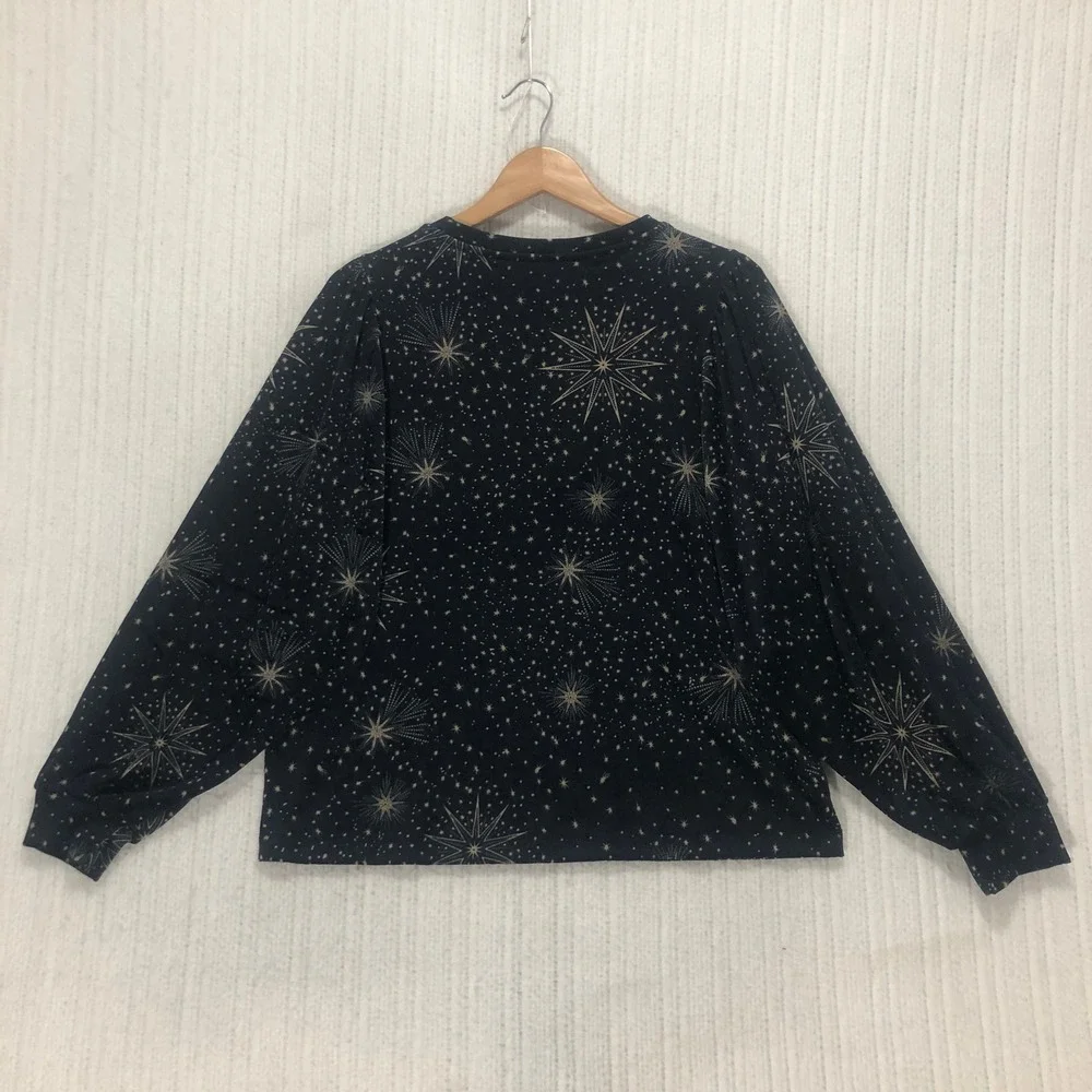 Loft Womens Celestial Starburst Puff Sleeve Velvet Top Navy Gold Large NWT